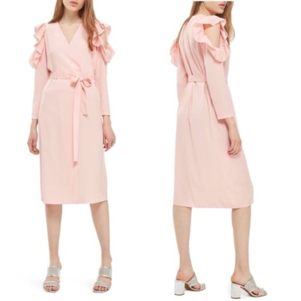 Topshop Ruffle Cold Shoulder Pink  Wrap Dress 2